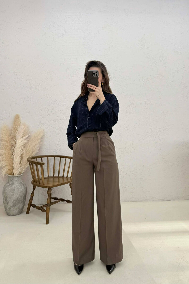 ONE COLOR WIDE LEG BELT WOMEN TROUSERS BROWN/KAFE - 1