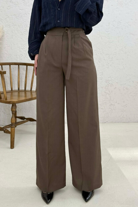 ONE COLOR WIDE LEG BELT WOMEN TROUSERS BROWN/KAFE - 2