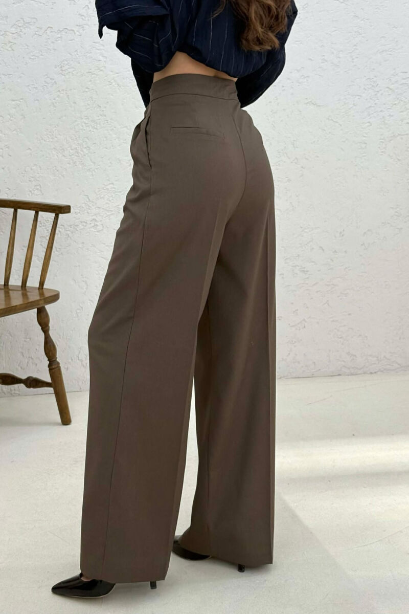 ONE COLOR WIDE LEG BELT WOMEN TROUSERS BROWN/KAFE - 3