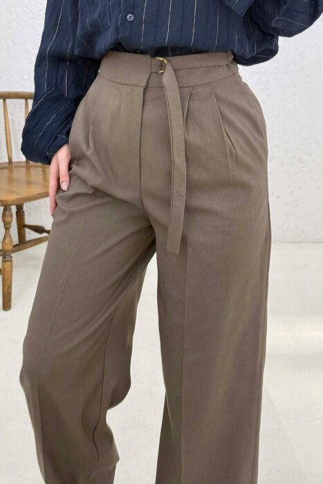 ONE COLOR WIDE LEG BELT WOMEN TROUSERS BROWN/KAFE - 4