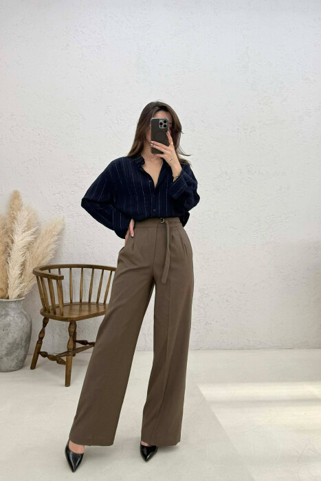 ONE COLOR WIDE LEG BELT WOMEN TROUSERS BROWN/KAFE - 5