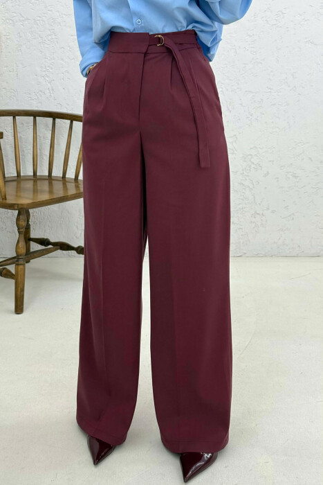ONE COLOR WIDE LEG BELT WOMEN TROUSERS BURGUNDY/VISHNJE - 2