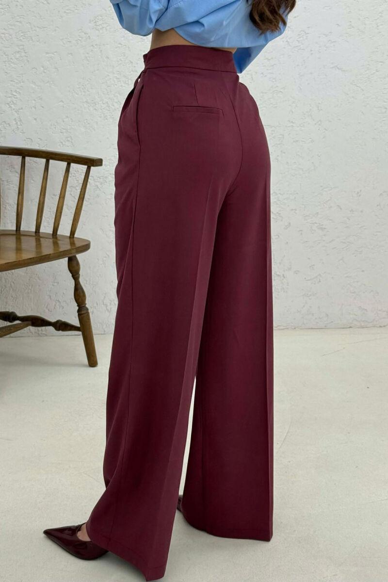 ONE COLOR WIDE LEG BELT WOMEN TROUSERS BURGUNDY/VISHNJE - 3