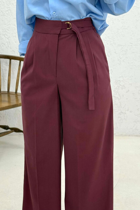 ONE COLOR WIDE LEG BELT WOMEN TROUSERS BURGUNDY/VISHNJE - 4