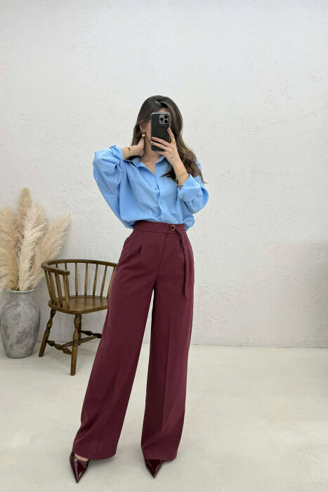 ONE COLOR WIDE LEG BELT WOMEN TROUSERS BURGUNDY/VISHNJE - 5