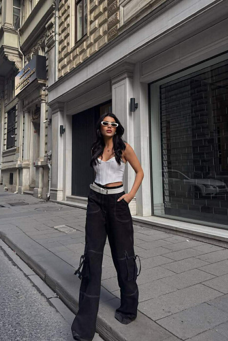 ONE COLOR WIDE LEG CARGO WOMEN JEANS BLACK/ E ZEZE - 2