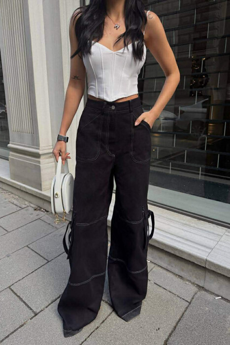 ONE COLOR WIDE LEG CARGO WOMEN JEANS BLACK/ E ZEZE - 5