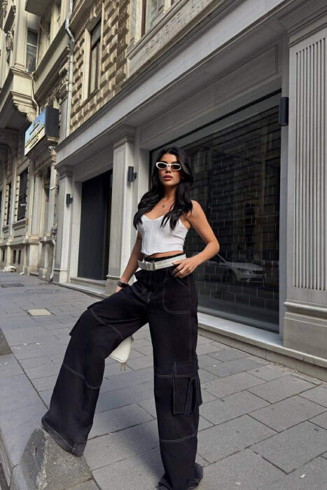 ONE COLOR WIDE LEG CARGO WOMEN JEANS BLACK/ E ZEZE - 7