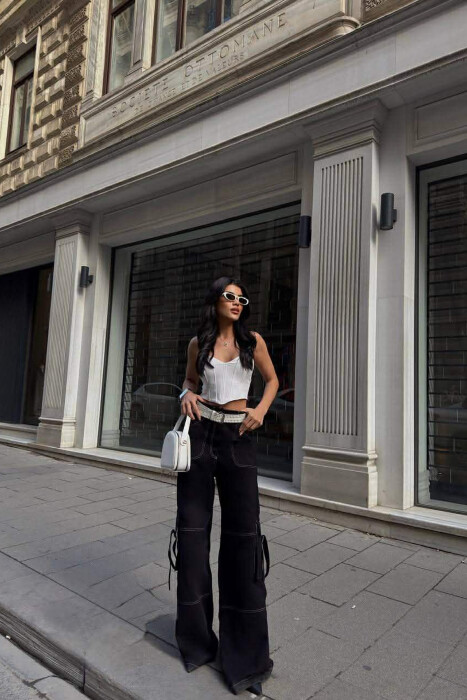 ONE COLOR WIDE LEG CARGO WOMEN JEANS BLACK/ E ZEZE - KLAUDIO FASHION