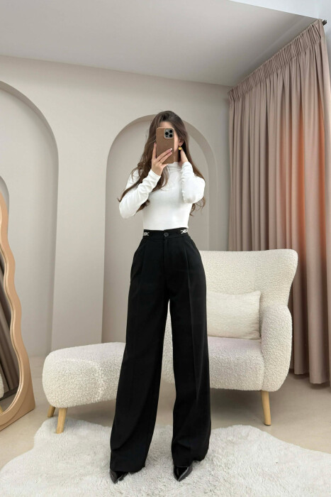 ONE COLOR WIDE LEG CHAIN DETAILS WOMEN TROUSERS BLACK/ E ZEZE 