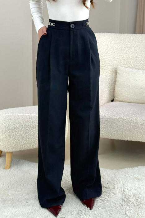 ONE COLOR WIDE LEG CHAIN DETAILS WOMEN TROUSERS DARK BLUE/BEE - 3