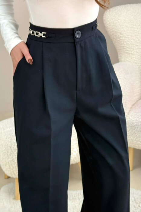 ONE COLOR WIDE LEG CHAIN DETAILS WOMEN TROUSERS DARK BLUE/BEE - 4