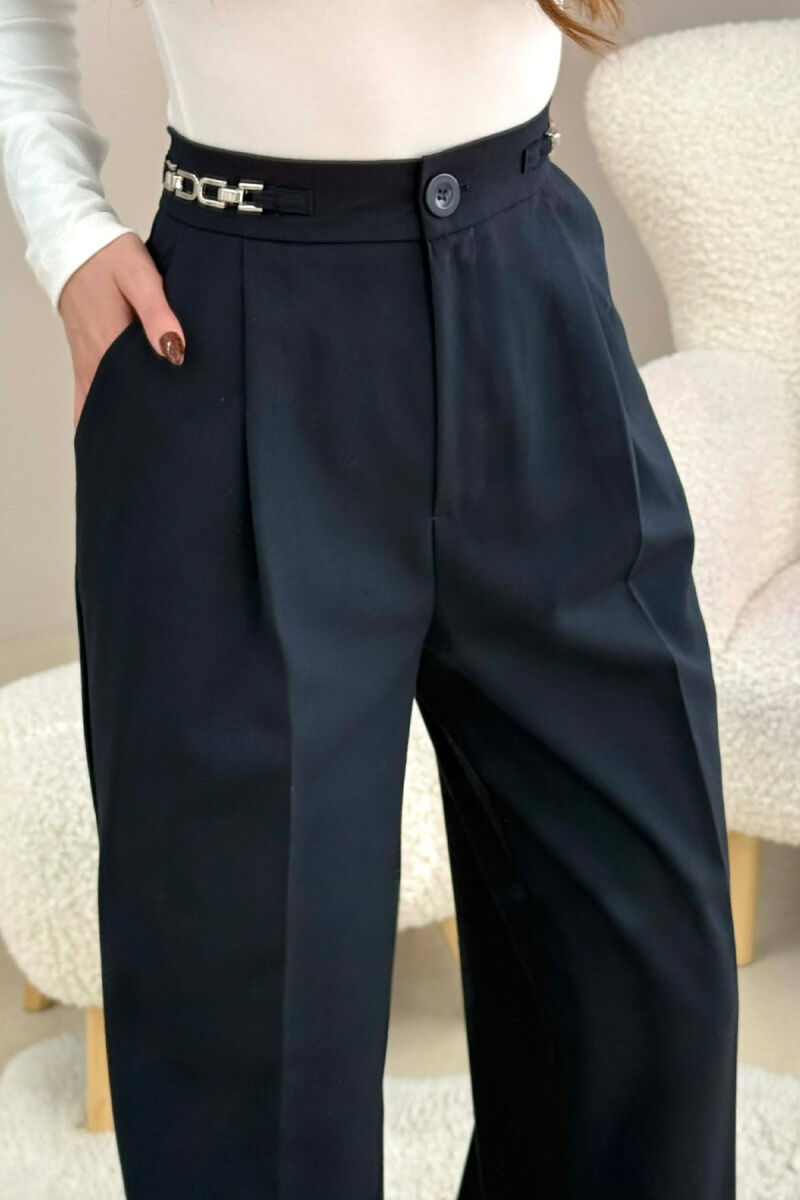 ONE COLOR WIDE LEG CHAIN DETAILS WOMEN TROUSERS DARK BLUE/BEE - 4