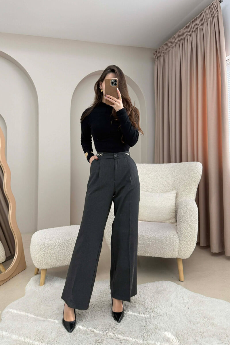 ONE COLOR WIDE LEG CHAIN DETAILS WOMEN TROUSERS DARK GREY/GEE - 1