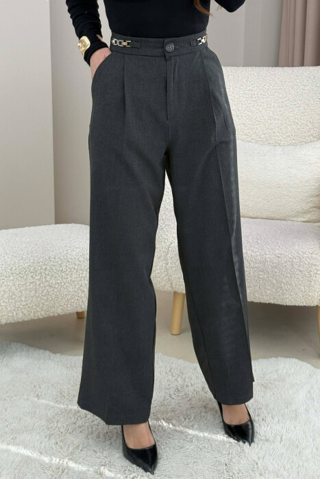ONE COLOR WIDE LEG CHAIN DETAILS WOMEN TROUSERS DARK GREY/GEE - 3