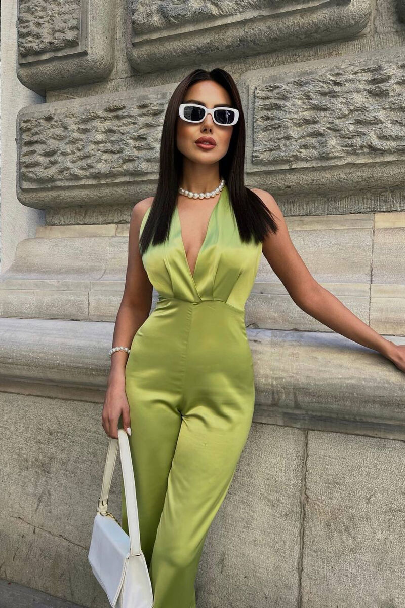 ONE COLOR WIDE LEG LACING NECK WOMEN JUMPSUIT LIGHT GREEN/JEZB - 3