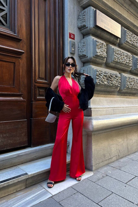 JUMPSUIT NJË NGJYRËSH ME DEAJIN E LIDHSES NE QAFË PËR FEMRA NË NGJYRËN E KUQE 