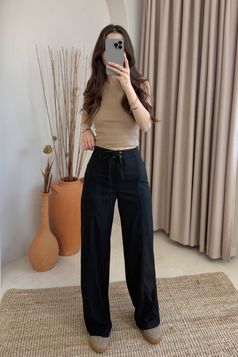 ONE COLOR WIDE LEG LACING WOMEN TROUSERS BLACK/ E ZEZE - 1