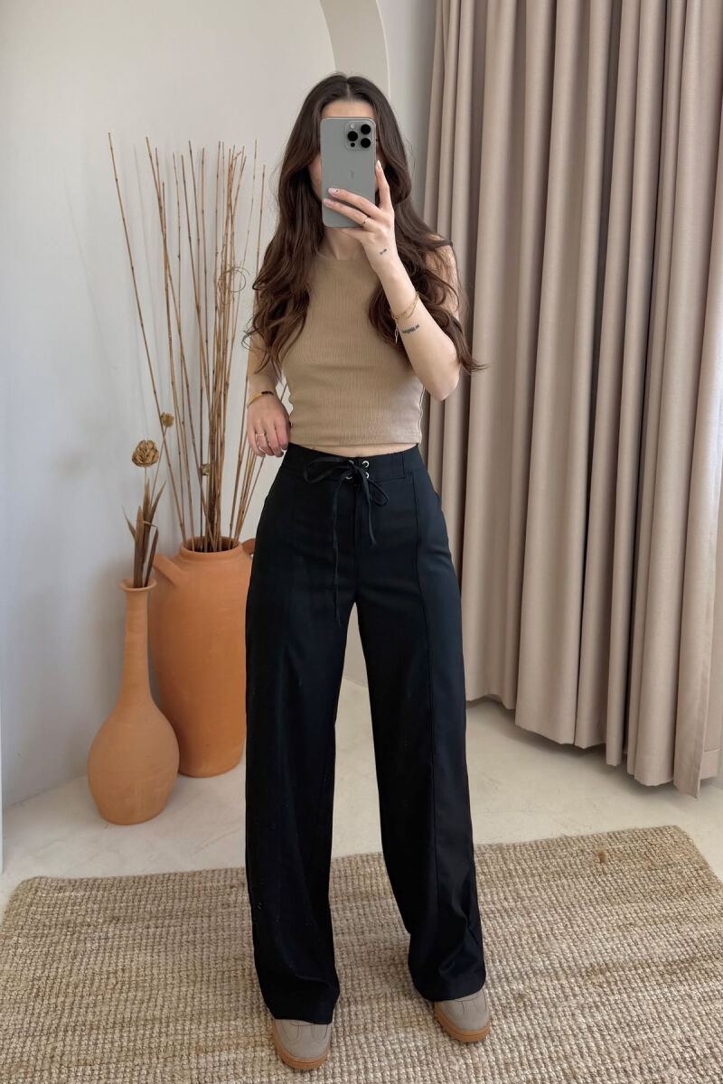 ONE COLOR WIDE LEG LACING WOMEN TROUSERS BLACK/ E ZEZE - 1