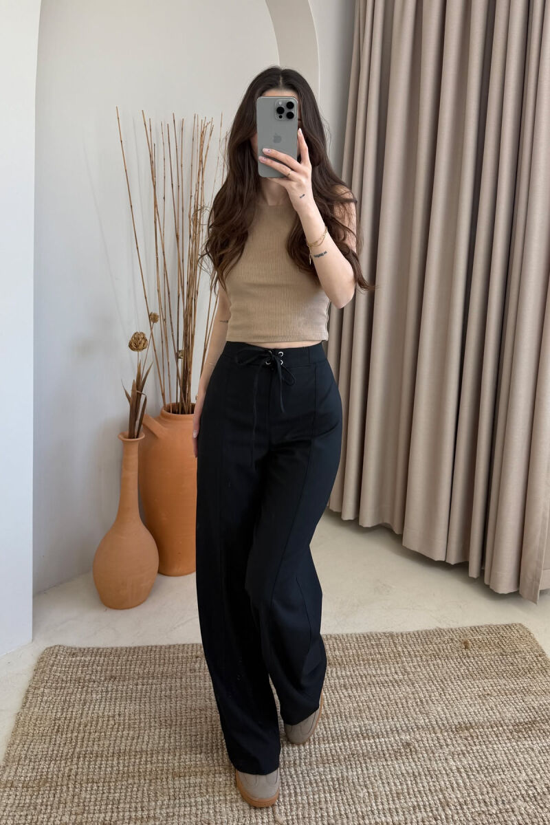 ONE COLOR WIDE LEG LACING WOMEN TROUSERS BLACK/ E ZEZE - 2