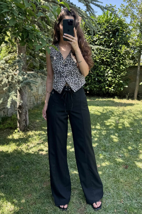 ONE COLOR WIDE LEG LACING WOMEN TROUSERS BLACK/ E ZEZE - 1