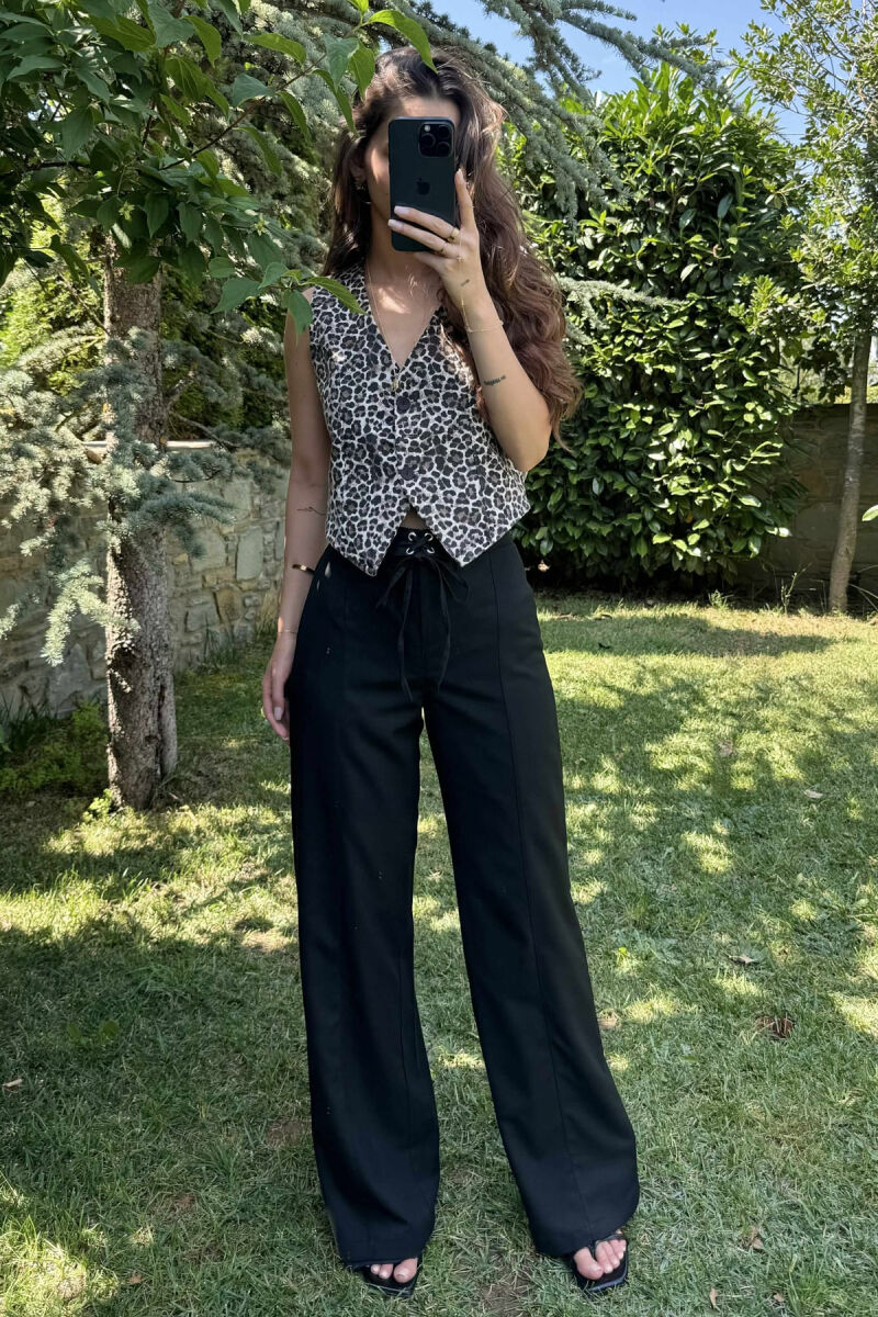 ONE COLOR WIDE LEG LACING WOMEN TROUSERS BLACK/ E ZEZE - 1