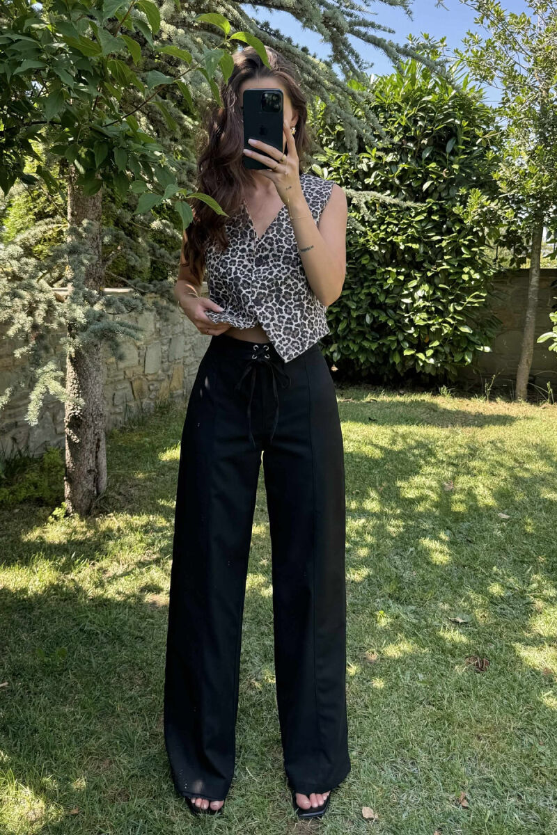 ONE COLOR WIDE LEG LACING WOMEN TROUSERS BLACK/ E ZEZE - 2