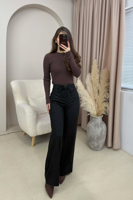 ONE COLOR WIDE LEG LACING WOMEN TROUSERS BLACK/ E ZEZE - KLAUDIO FASHION