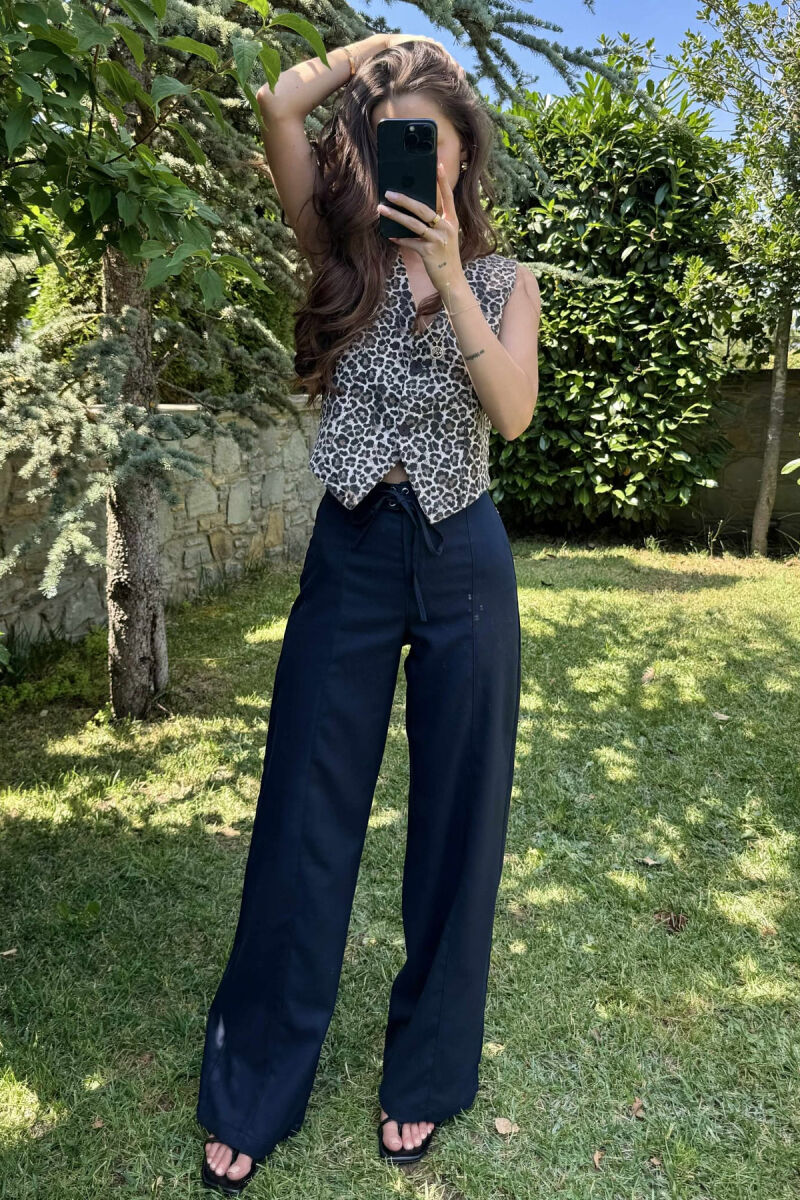 ONE COLOR WIDE LEG LACING WOMEN TROUSERS DARK BLUE/BEE - 1