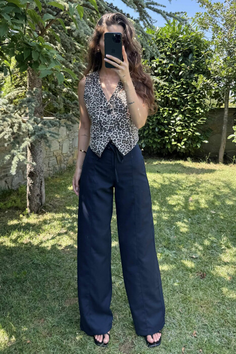 ONE COLOR WIDE LEG LACING WOMEN TROUSERS DARK BLUE/BEE - 2