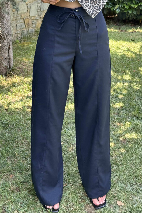 ONE COLOR WIDE LEG LACING WOMEN TROUSERS DARK BLUE/BEE - 3
