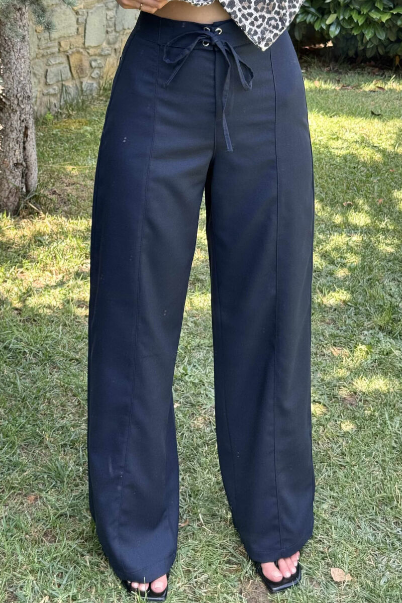 ONE COLOR WIDE LEG LACING WOMEN TROUSERS DARK BLUE/BEE - 3