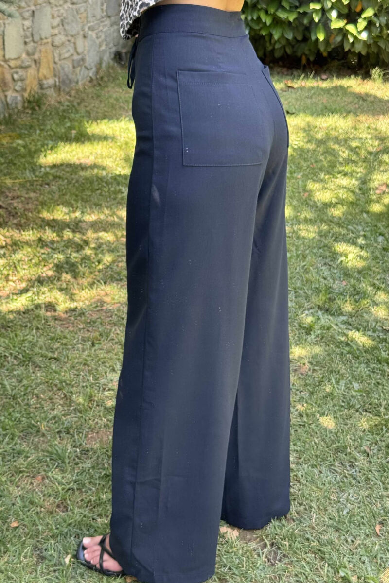 ONE COLOR WIDE LEG LACING WOMEN TROUSERS DARK BLUE/BEE - 4