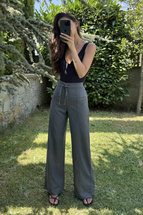 ONE COLOR WIDE LEG LACING WOMEN TROUSERS DARK GREY/GEE - 2
