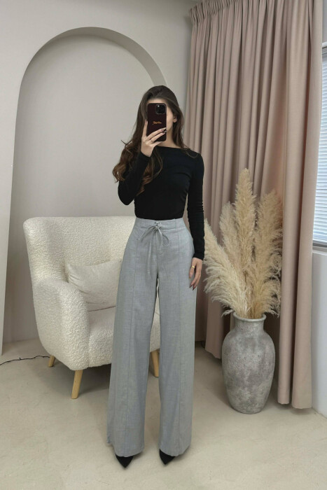 PANTALLONA NJË NGJYRËSHE ME LIDHSE PËR FEMRA NË NGJYRËN GRI E ZBARDHUR - KLAUDIO FASHION