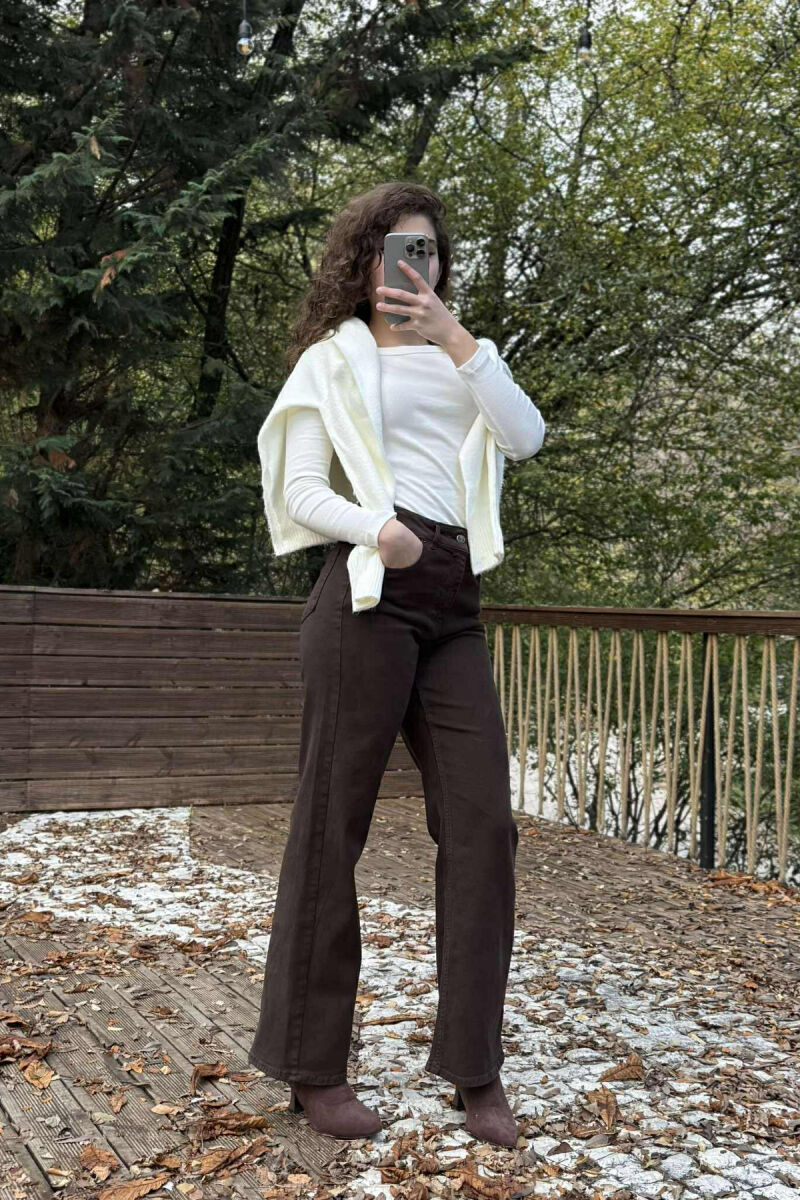 ONE COLOR WIDE LEG SIMPLE WOMEN JEANS BROWN/KAFE - 1