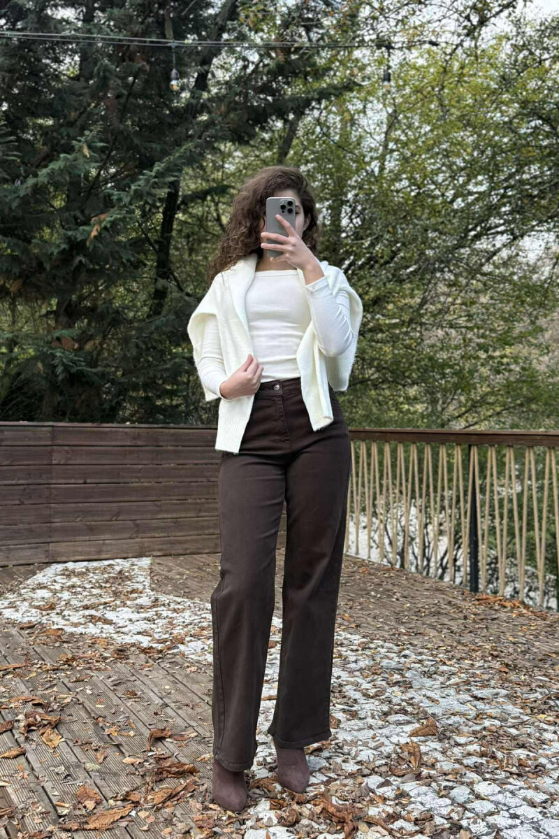 ONE COLOR WIDE LEG SIMPLE WOMEN JEANS BROWN/KAFE - 2