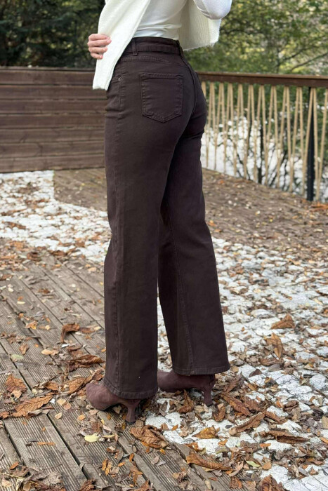 ONE COLOR WIDE LEG SIMPLE WOMEN JEANS BROWN/KAFE - 4