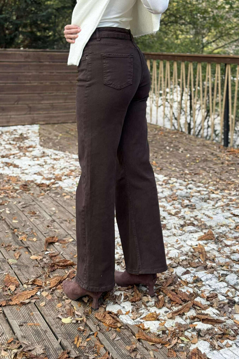 ONE COLOR WIDE LEG SIMPLE WOMEN JEANS BROWN/KAFE - 4