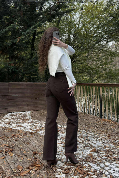 ONE COLOR WIDE LEG SIMPLE WOMEN JEANS BROWN/KAFE - 5