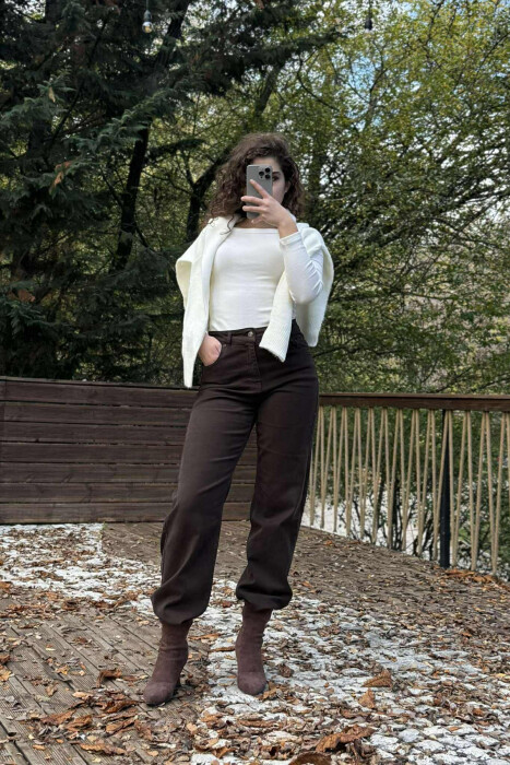 ONE COLOR WIDE LEG SIMPLE WOMEN JEANS BROWN/KAFE - 6