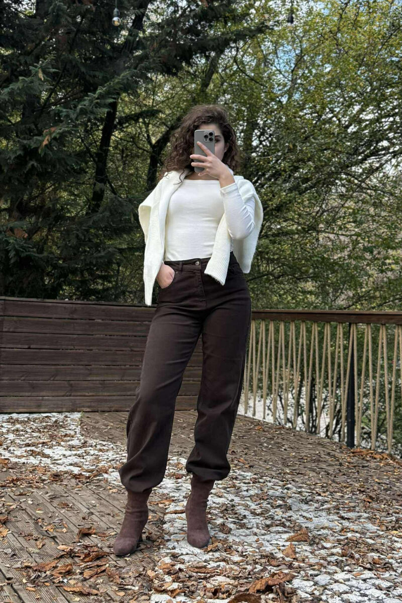 ONE COLOR WIDE LEG SIMPLE WOMEN JEANS BROWN/KAFE - 6