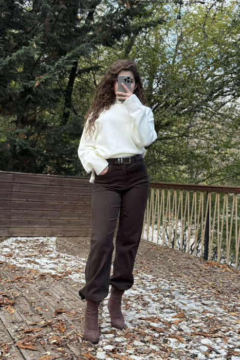 ONE COLOR WIDE LEG SIMPLE WOMEN JEANS BROWN/KAFE - 12