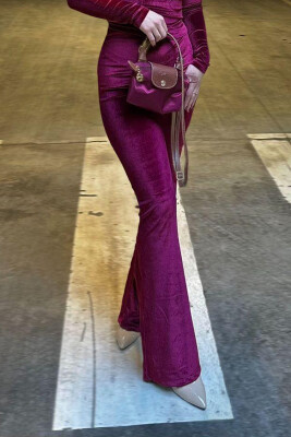 ONE COLOR WIDE LEG VELVET WOMEN TROUSERS BURGUNDY/VISHNJE 