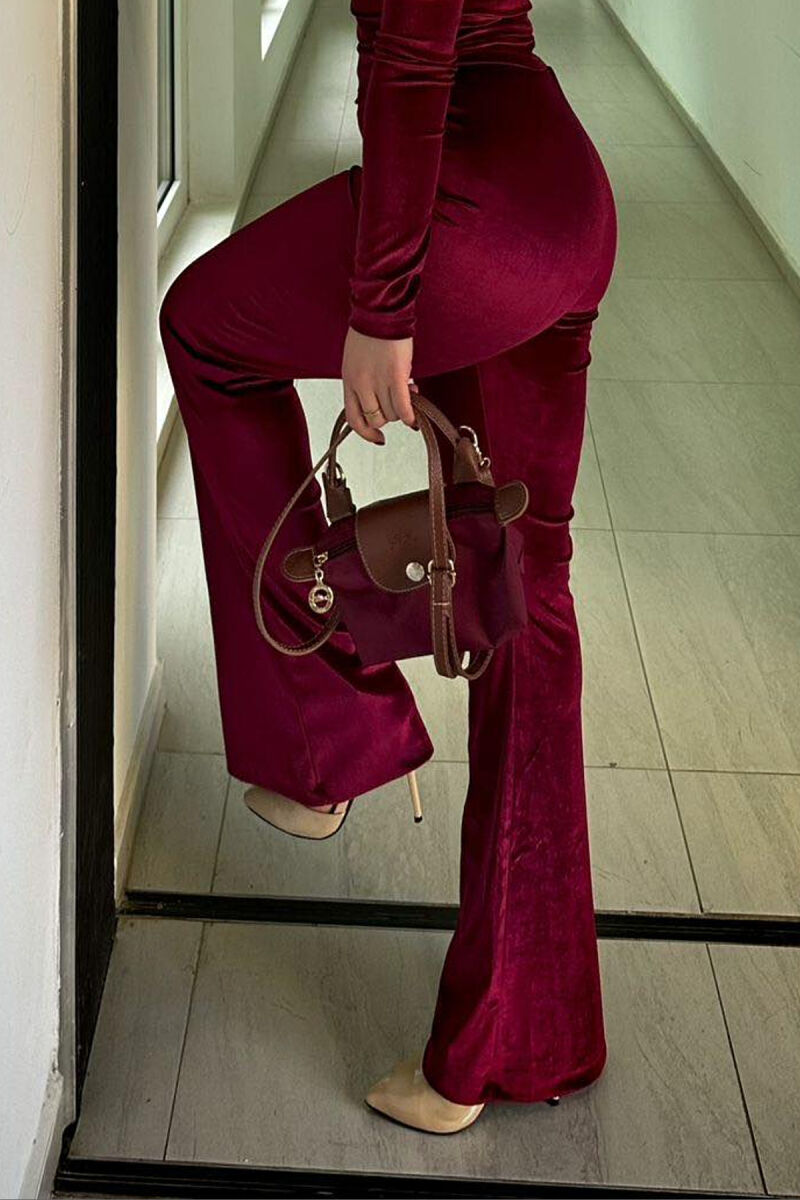 ONE COLOR WIDE LEG VELVET WOMEN TROUSERS BURGUNDY/VISHNJE - 3