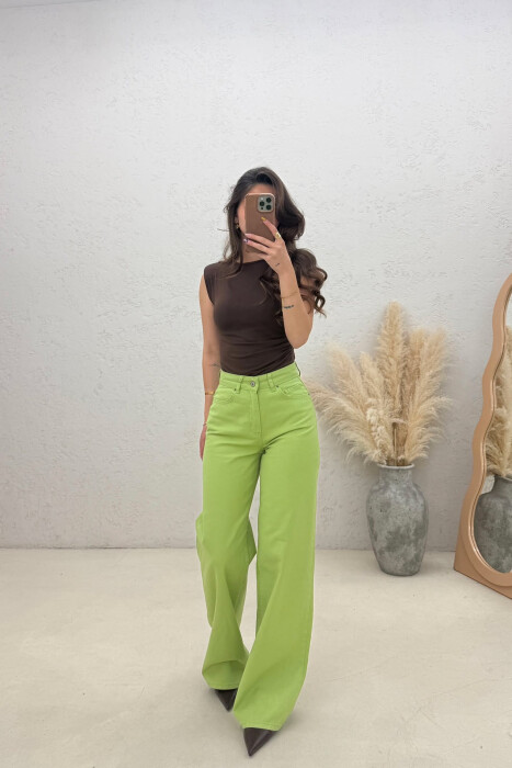ONE COLOR WIDE LEG WOMAN JEANS PISTACHIO - KLAUDIO FASHION