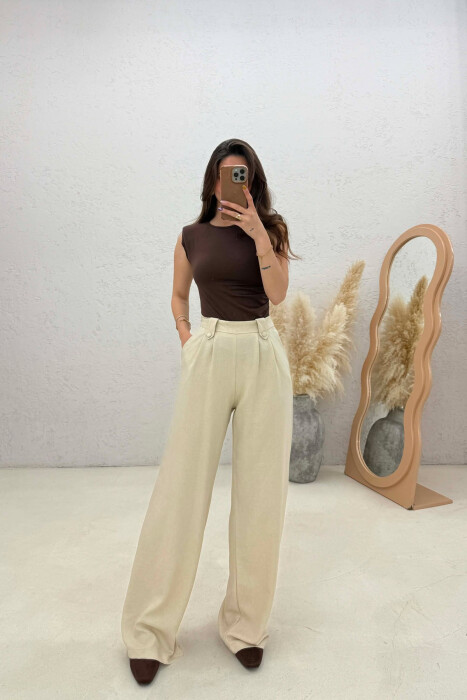 ONE COLOR WIDE LEG WOMAN TROUSERS CREAM/KREM - KLAUDIO FASHION