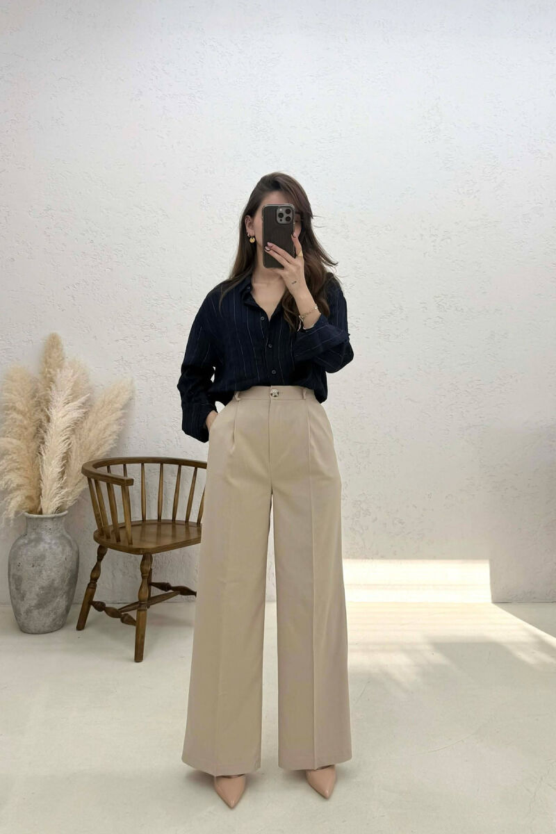 ONE COLOR WIDE LEG WOMAN TROUSERS CREAM/KREM - 1