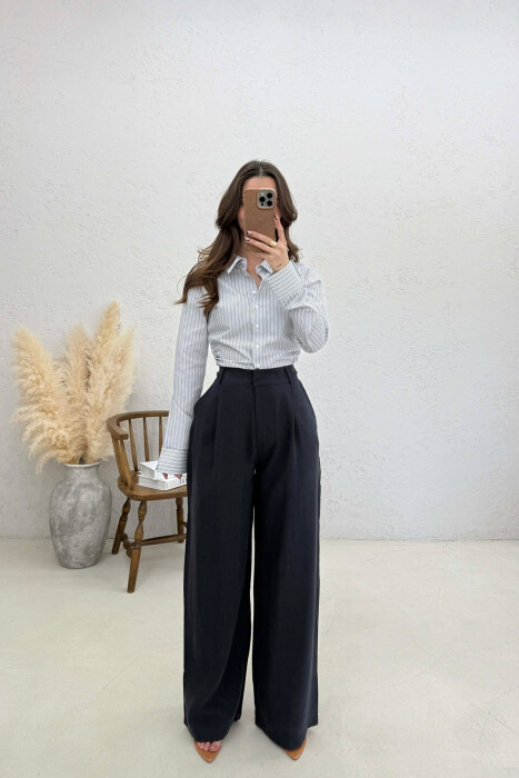 ONE COLOR WIDE LEG WOMAN TROUSERS DARK BLUE/BEE - KLAUDIO FASHION