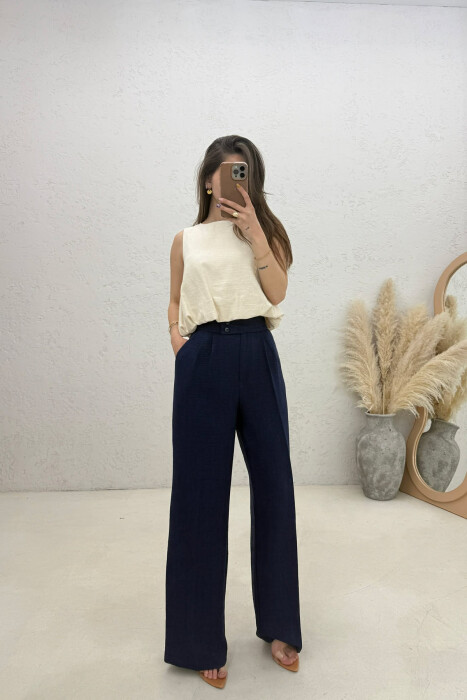 ONE COLOR WIDE LEG WOMAN TROUSERS DARK BLUE/BEE - 4